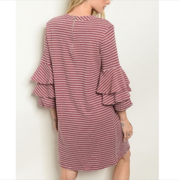 Mauve Striped Tiered Ruffled Sleeve Tunic Dress - Picture 2 of 3